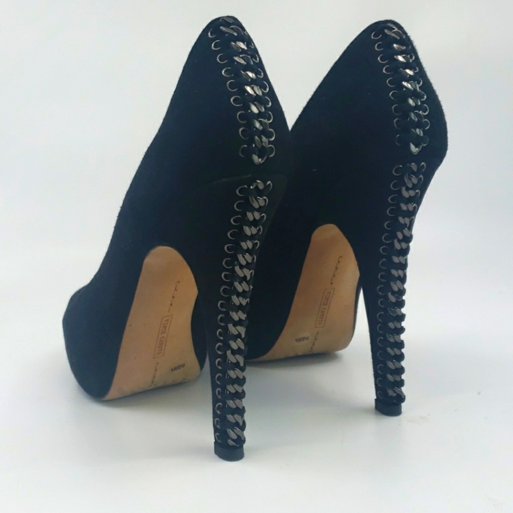 Vince Camuto black peeptoe heels with chain detail